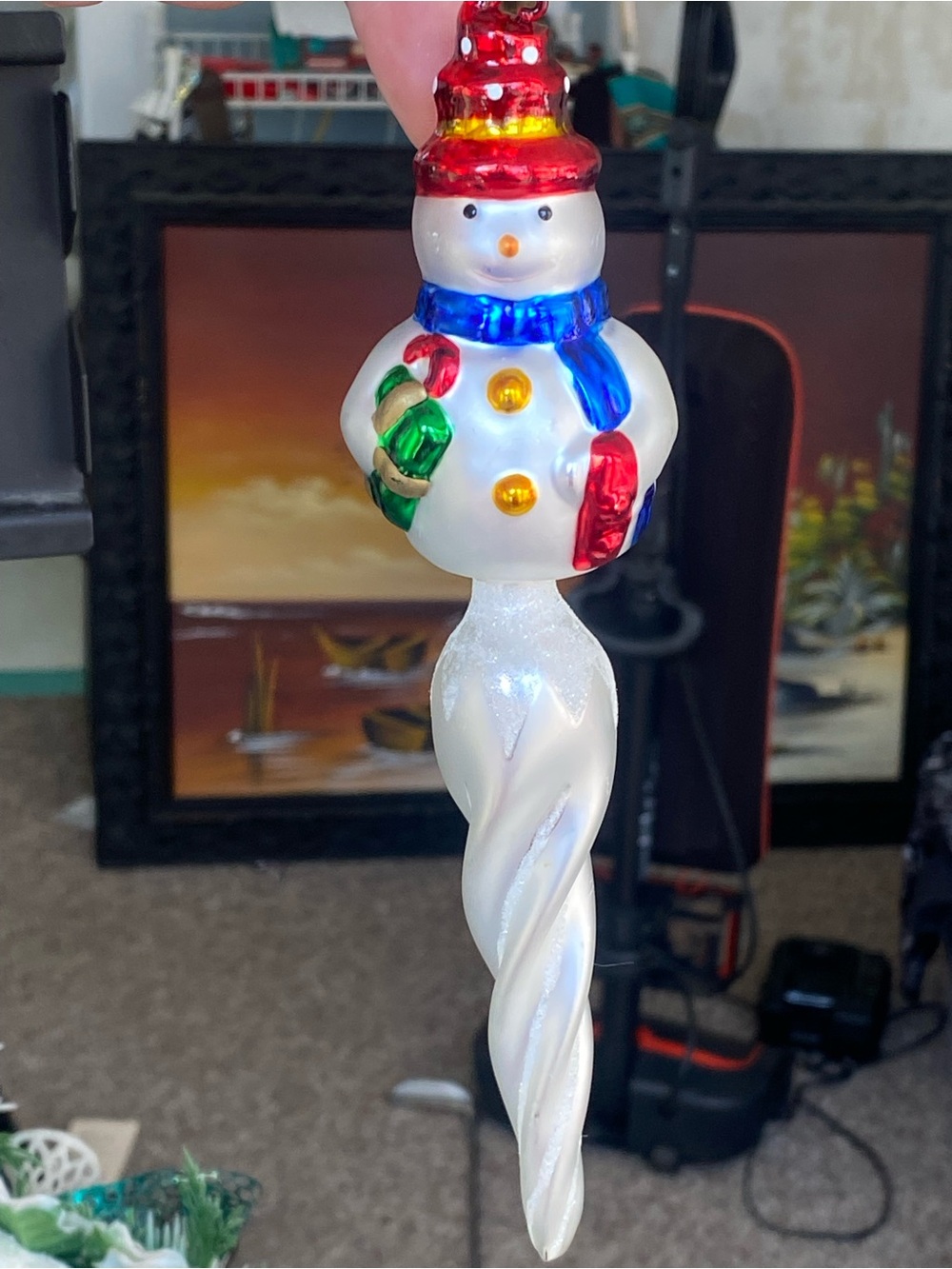 Russ Berrie Royal Winterfest Blown Glass Ornament Glitter Icicle Snowman